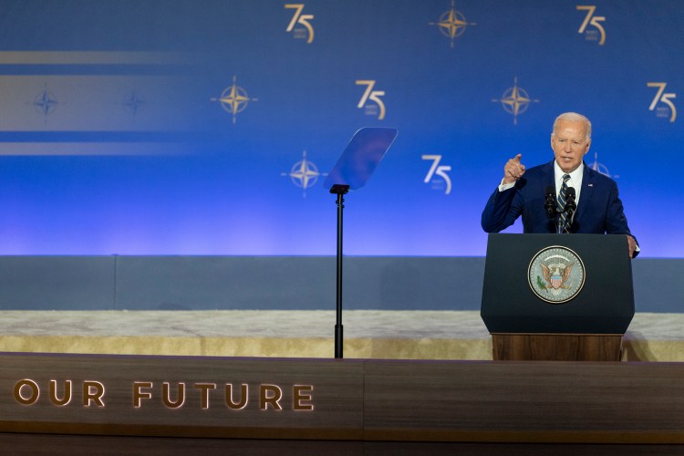 President Joe Biden delivers remarks at an event marking the 75th anniversary of the NATO Alliance, Tuesday, July 9, 2024, at the Andrew W. Mellon Auditorium in Washington, D.C.