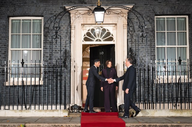 Vice President Kamala Harris and Second Gentleman Doug Emhoff greet U.K. Prime Minister Rishi Sunak at 10 Downing Street, Wednesday, November 1, 2023, in London, England. (Photo by Lawrence Jackson)