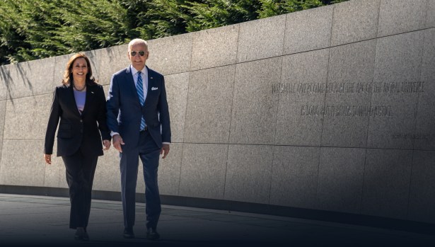 President Joe Biden and Vice President Kamala Harris arrive at the Dr. Martin Luther King Jr. Memorial, Thursday, October 21, 2021, in Washington, D.C.